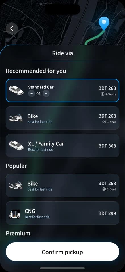 TapNGo — Booking / Choose a vehicle